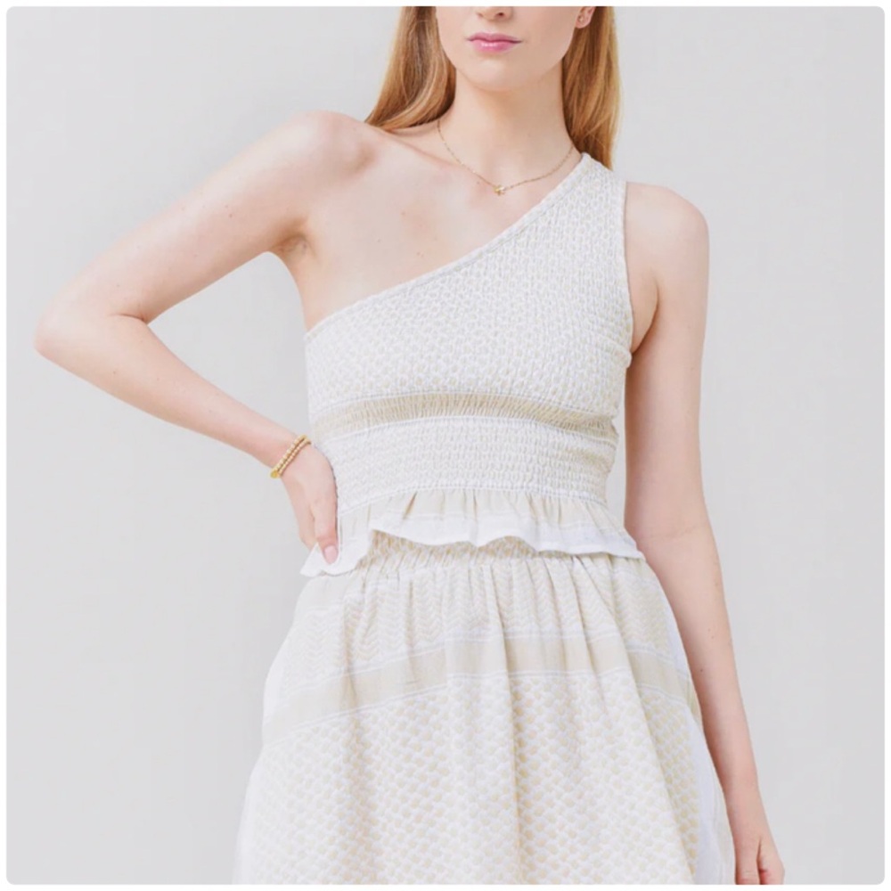 Marie One-shoulder Shirred Cotton-jacquard Top